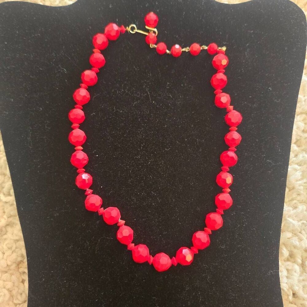 Vintage Red Glass Faceted Bead Necklace
